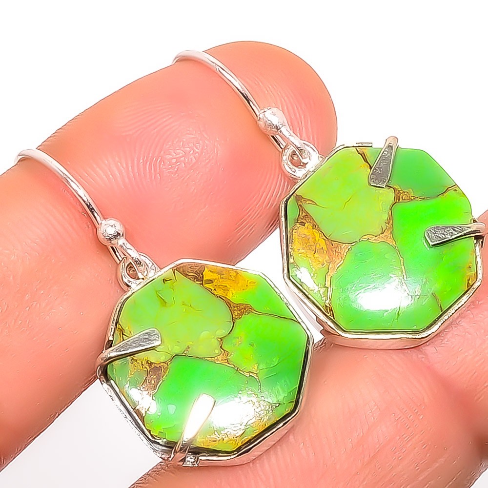 Copper Green Turquoise – Arizona Gemstone 925 Sterling Silver Earring 1.17″ A370