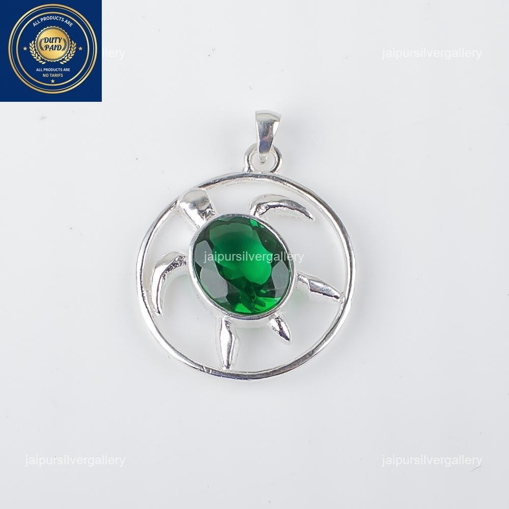 925 Silver Faceted Green Emerald Stone May Charm New Year Bezel Boho Pendant