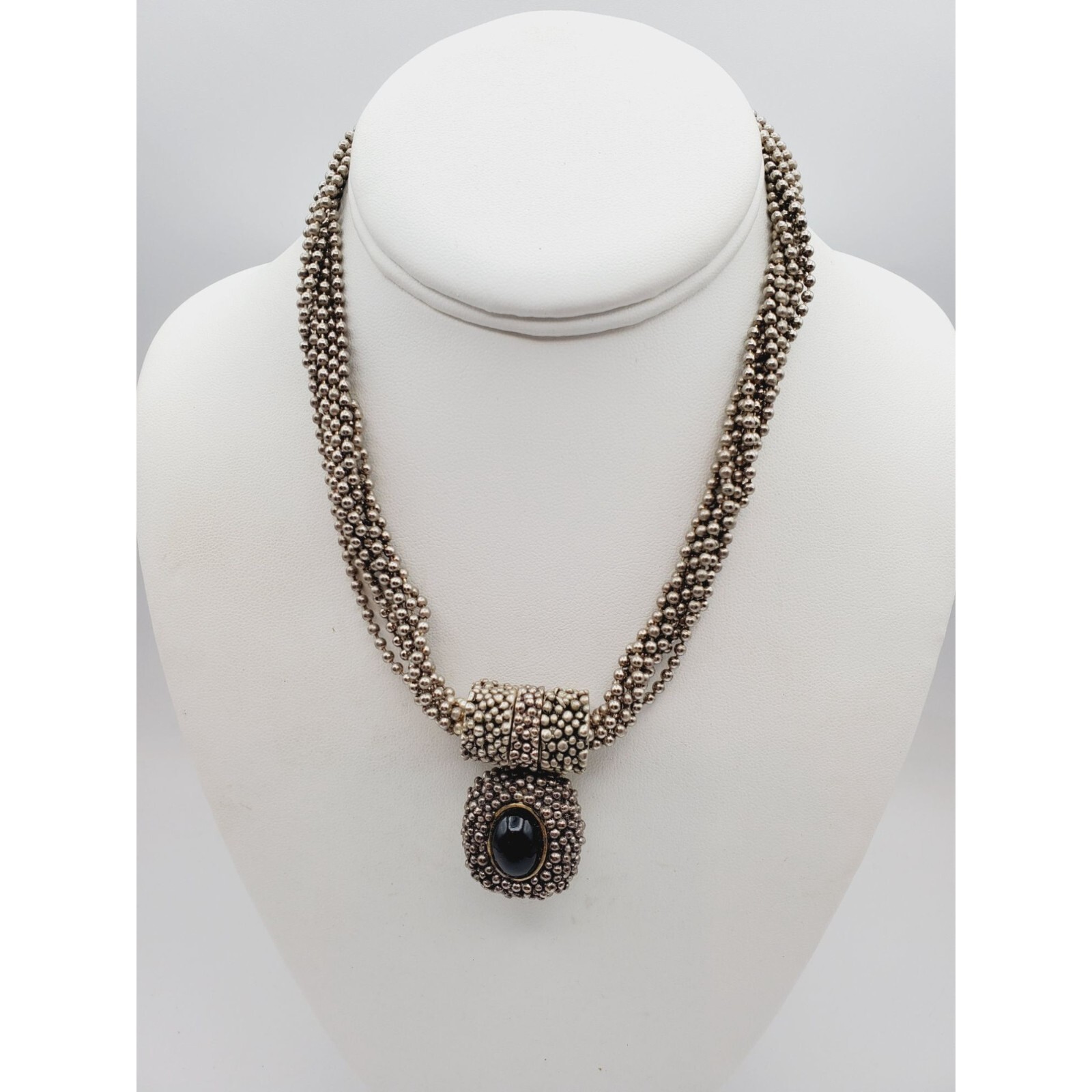 Silver tone chain Multi strand beaded cluster pendant necklace 15″