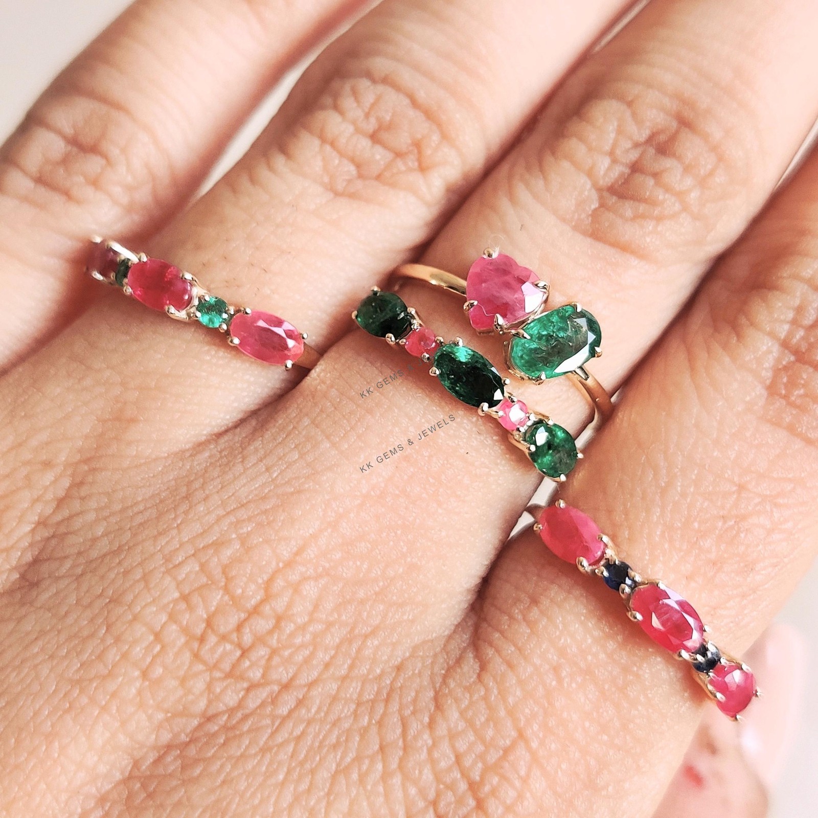 0.96 Ct Natural Emerald Ruby Ring 14K Yellow Gold Minimalist July Birthstone