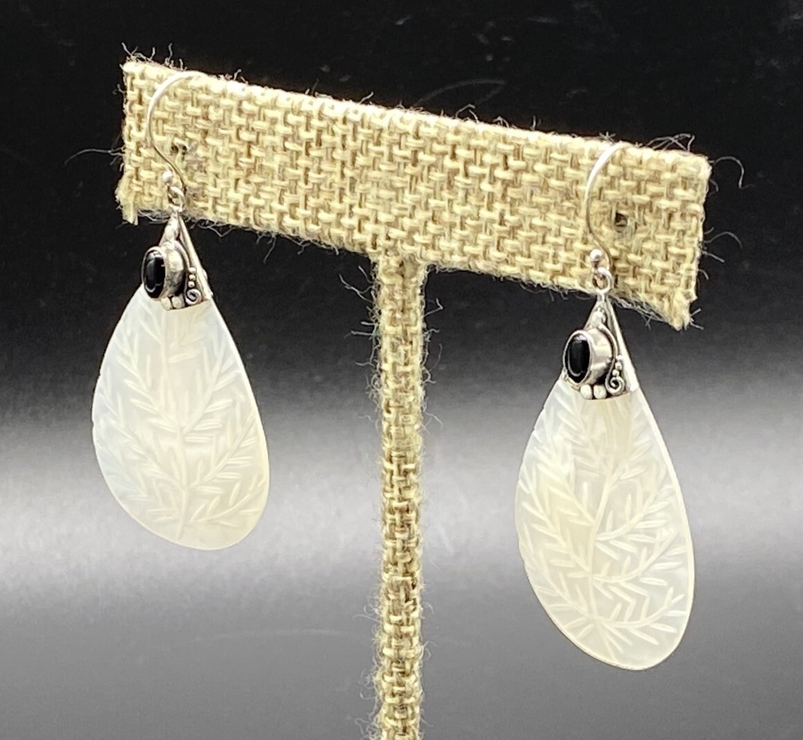 SAMUEL B.-Sterling Silver Onyx Floral Etched MOP Teardrop Dangle Earrings
