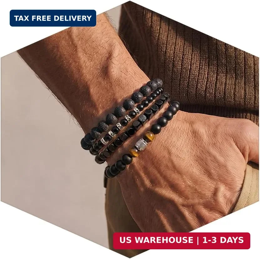 Flybar Men’s 4 Piece Beaded Bracelet Set, Natural Lava Stone Black Onyx Matte Ag