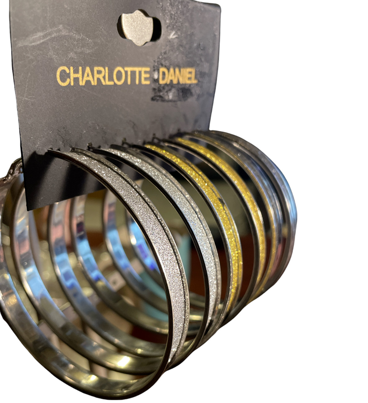 Charlotte Daniels Women 3 Pair Hoop Earring Shimmery Black Gold Silver new