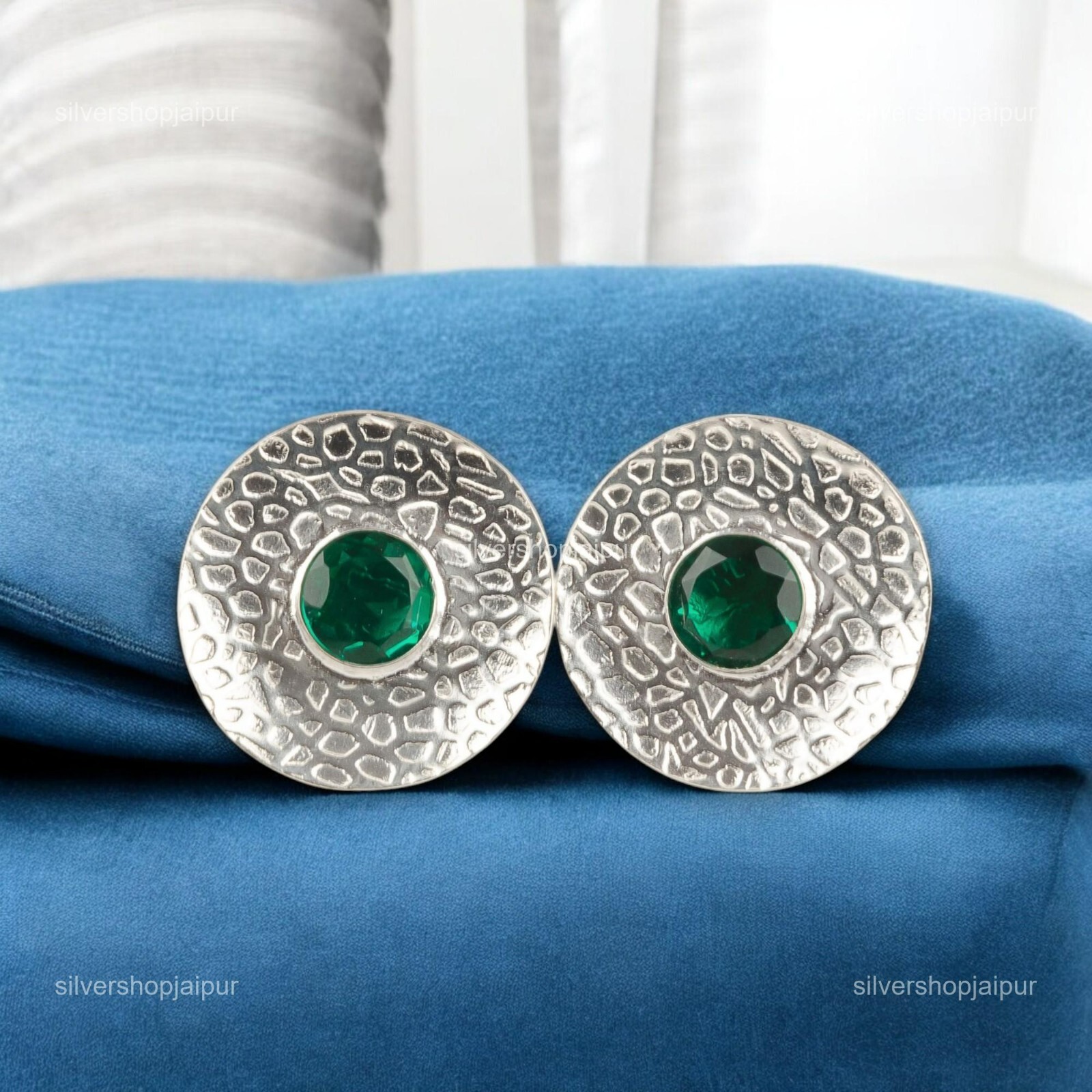 Emerald Gemstone Stud Earrings Sterling Silver Handmade Boho Jewelry 0.89″ Gifts