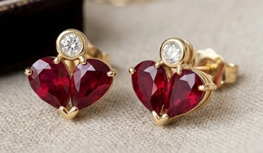 2.50ct Pear cut simulated Red Ruby/ Diamond Stud Earrings 14k Yellow Gold Plated