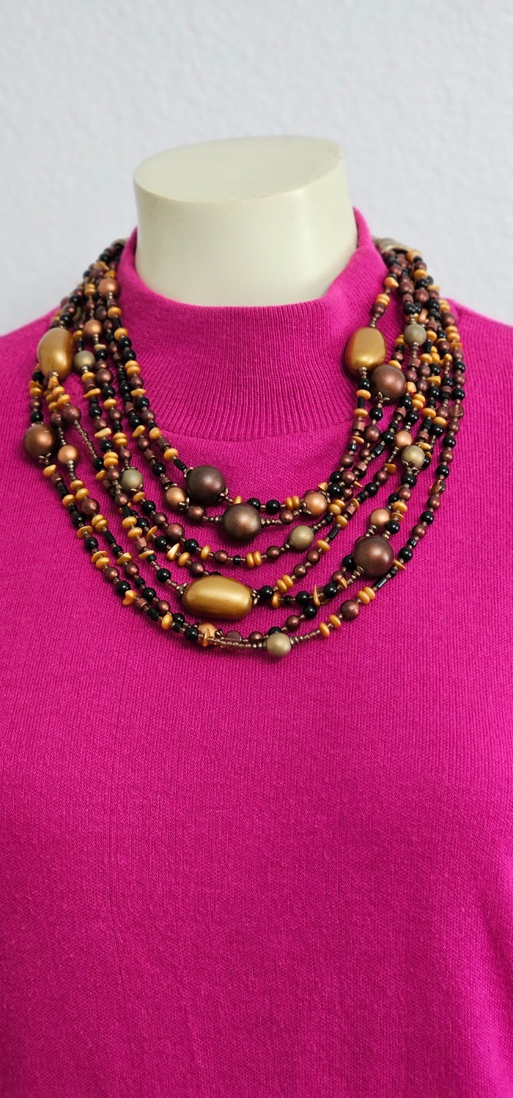 CHICOS 7 strand necklace brown gold beads 21” plus 4 1/2” chain