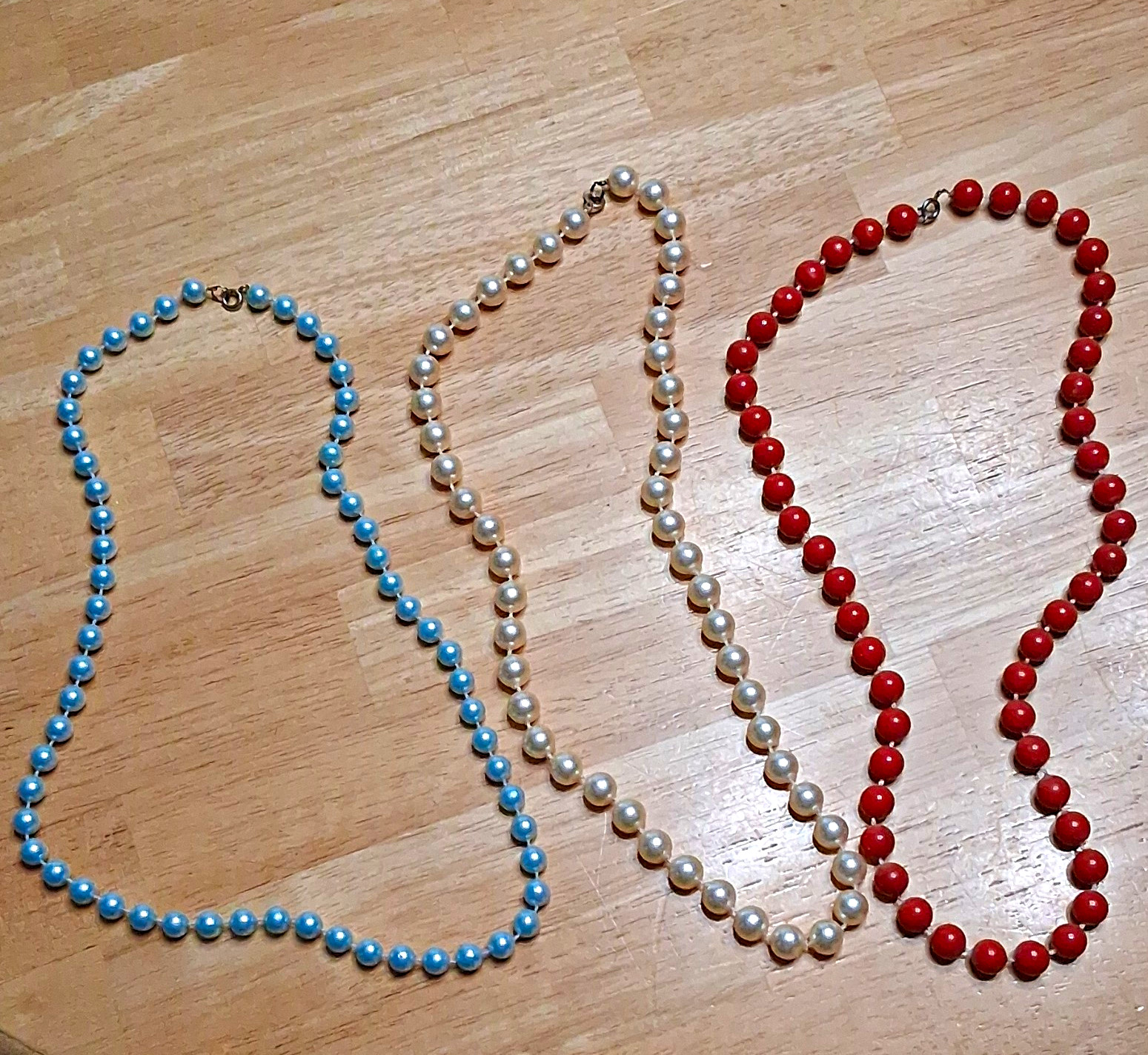 Lot of 3 Beaded Strand Necklaces Multicolor Blue Red White Pearl Nickel-Free