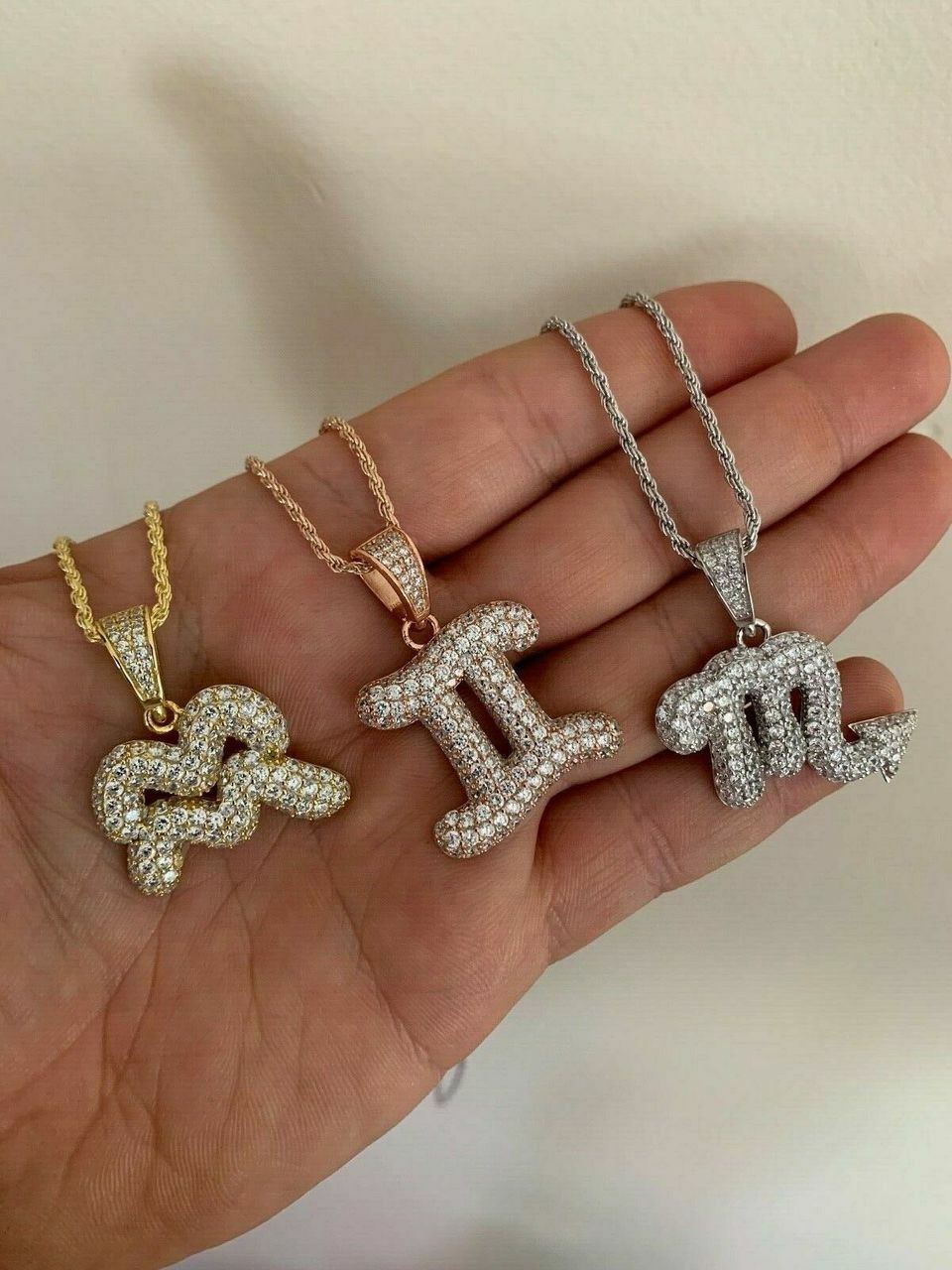 Solid 925 Silver Gold Plated Iced Bubble CZ Zodiac Astrology Sign Pendant HipHop