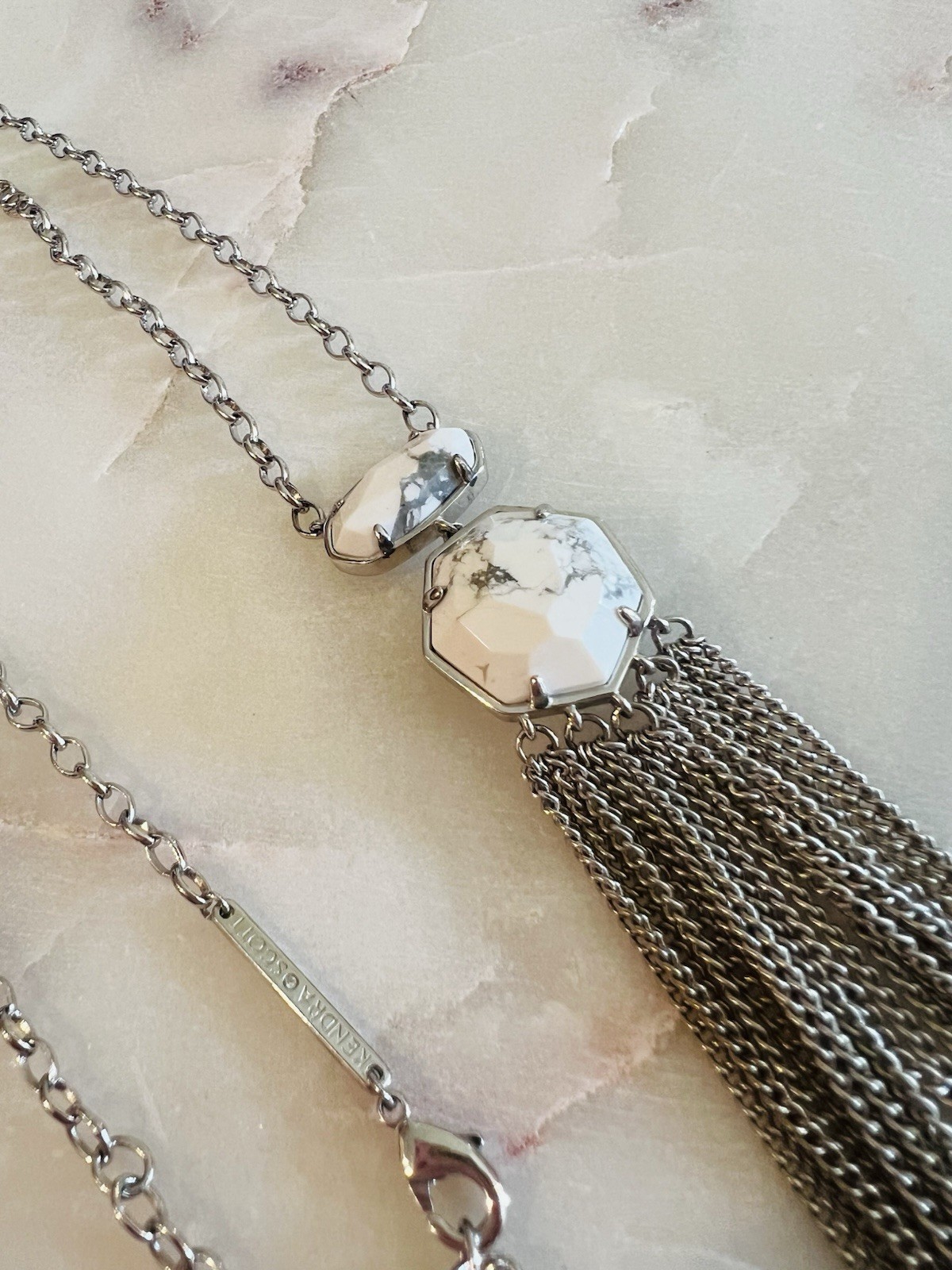 Kendra Scott Tae Long Necklace, Silver with a white howlite pendant and tassel