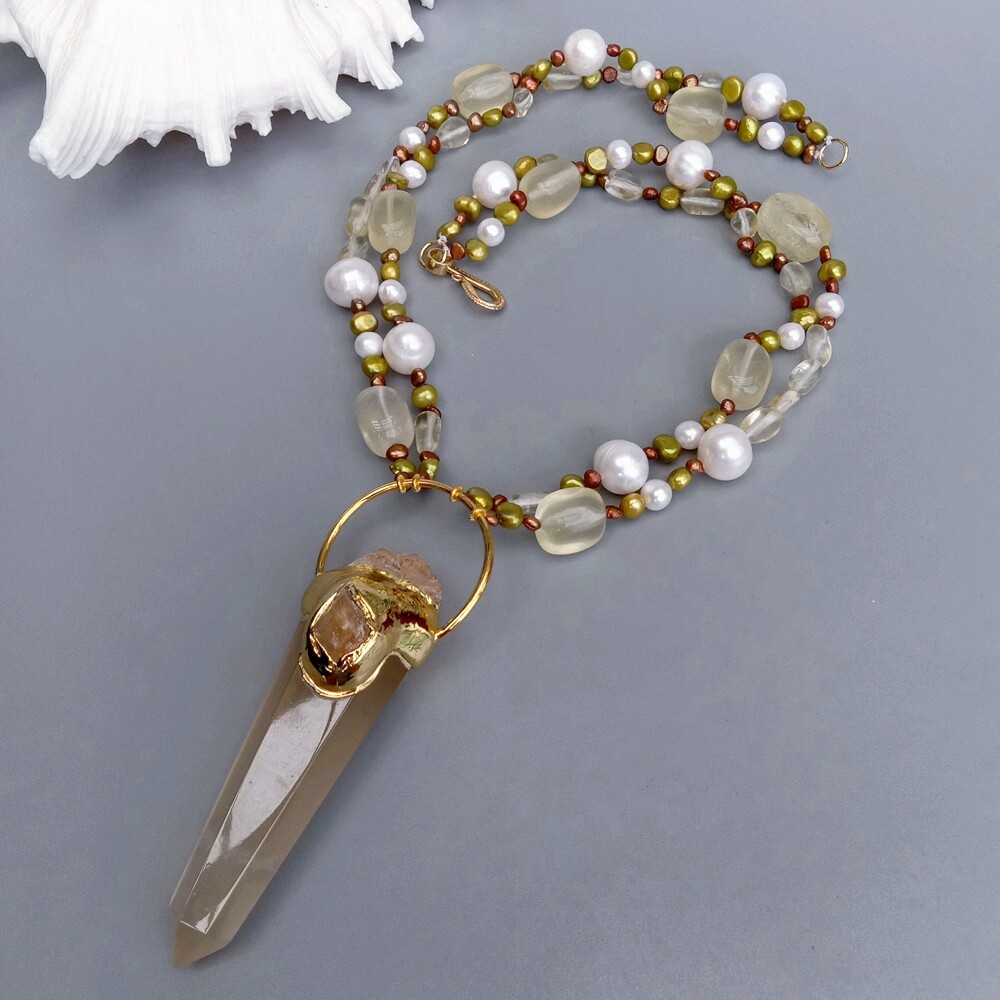21″ 2 Rows White Pearl Brown Fancy Pearl Necklace Lemon Quartz Point Pendant