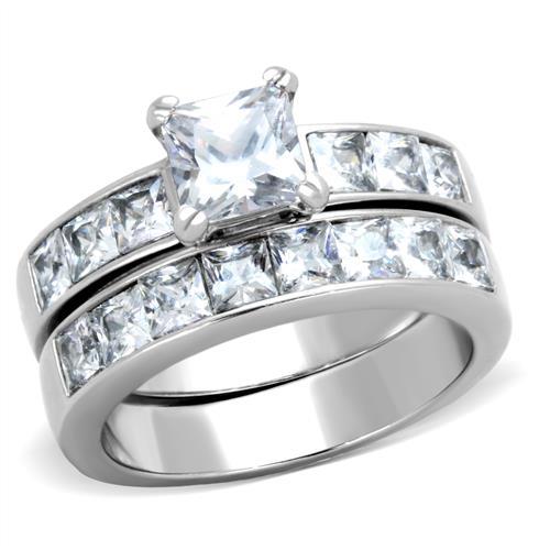 3.75CT Princess CZ AAA Stainless Steel Wedding Engagement Promise 2 Ring Set