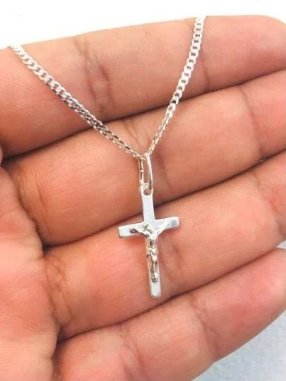Cross Pendant Necklace Italian Sterling Silver Cuban Curb Chain for Womens 20″
