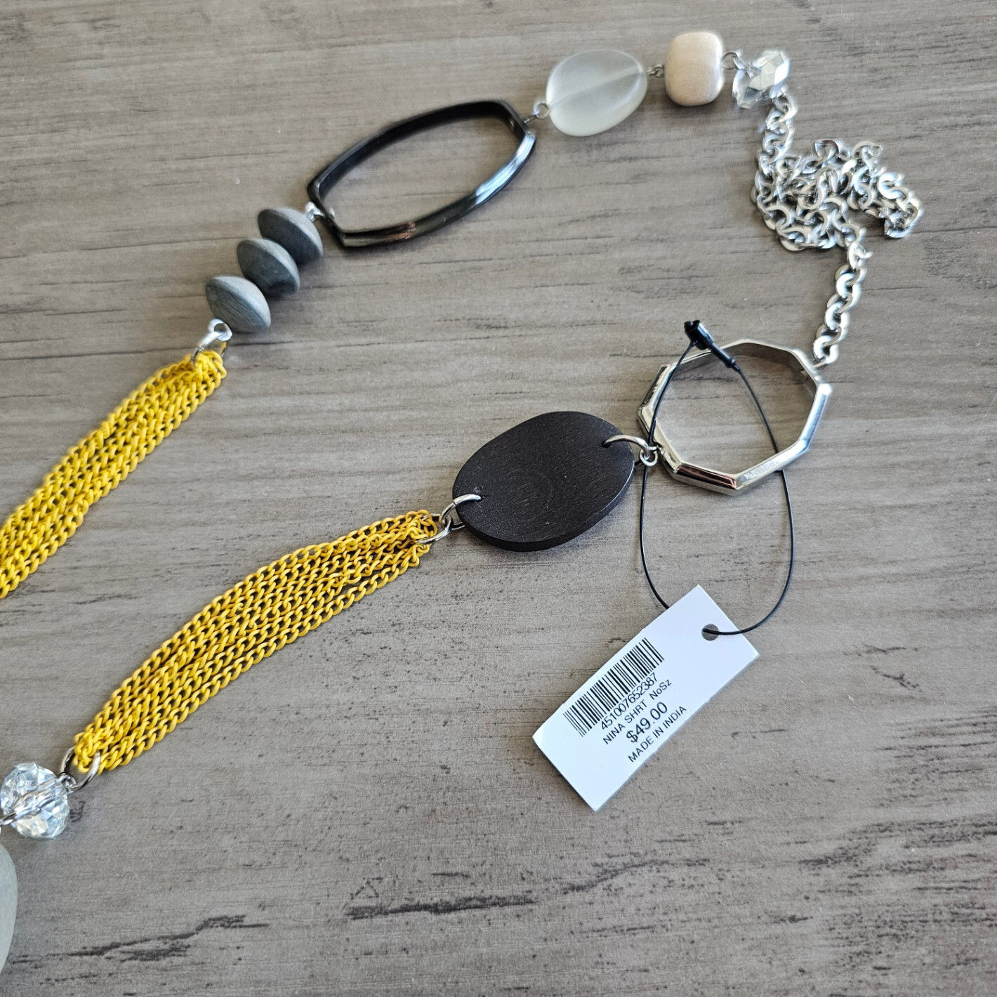 Chico’s “Nina” Mixed Materials Wood Acrylic Metal Long Necklace $49 NWT