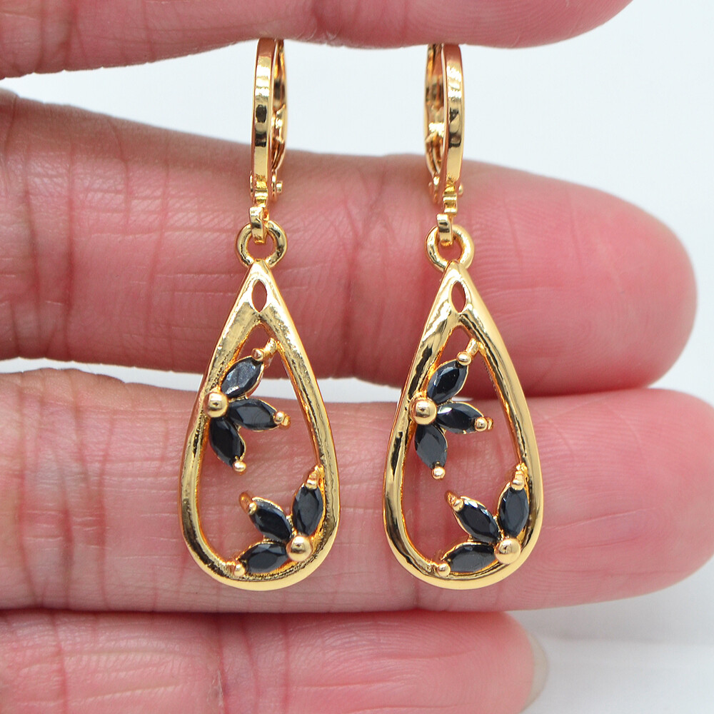 18K Yellow Gold Filled Women Black Mystic Topaz Teardrop Dangle Earrings