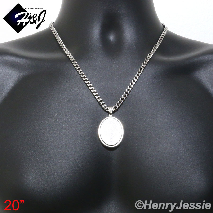 20″MEN Stainless Steel 5mm Silver Cuban Curb Necklace VIRGIN MARY Pendant*SP26