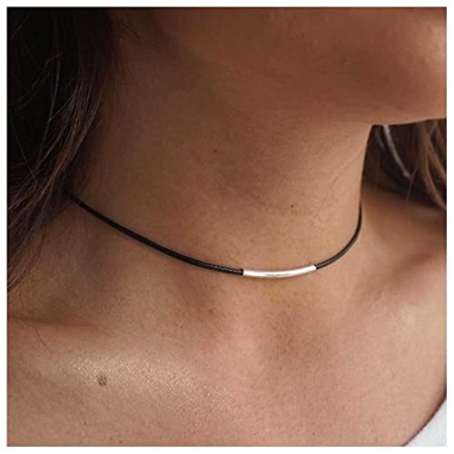 Boho Bar Suede Choker Necklace Black Leather Necklace Chain Silver Bar Choker