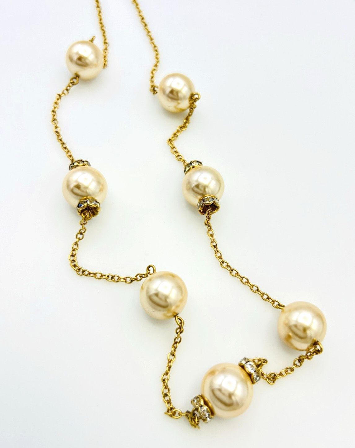 J Crew Gold Tone Faux Champagne Pearl Crystal Rondell Station Necklace 34 in