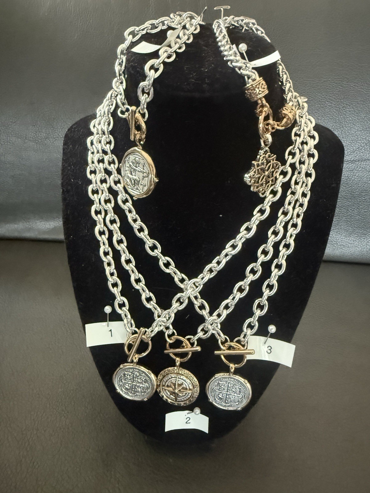 New Costume Jewelry Medallion Necklaces; Gold And Silver Tones W/A Front Closure