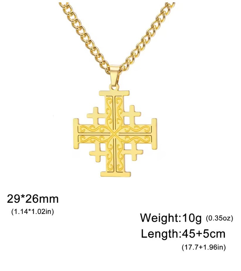 Gold Stainless Steel Jerusalem Cross pendant + 45cm (17.7in) chain and 2 in ext