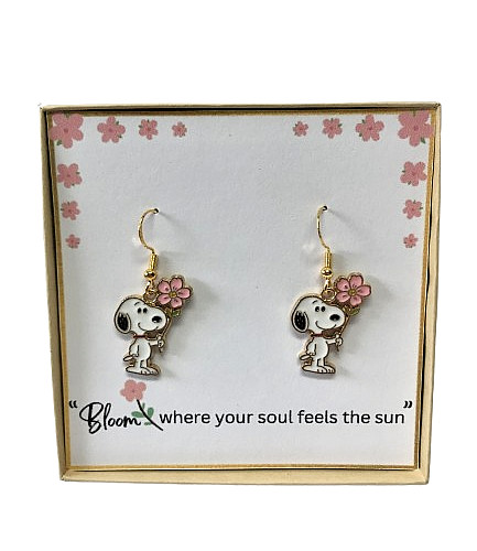 Snoopy Cute Gold Enamel Earrings Inspirational Pink Flower Boxed Greeting Card