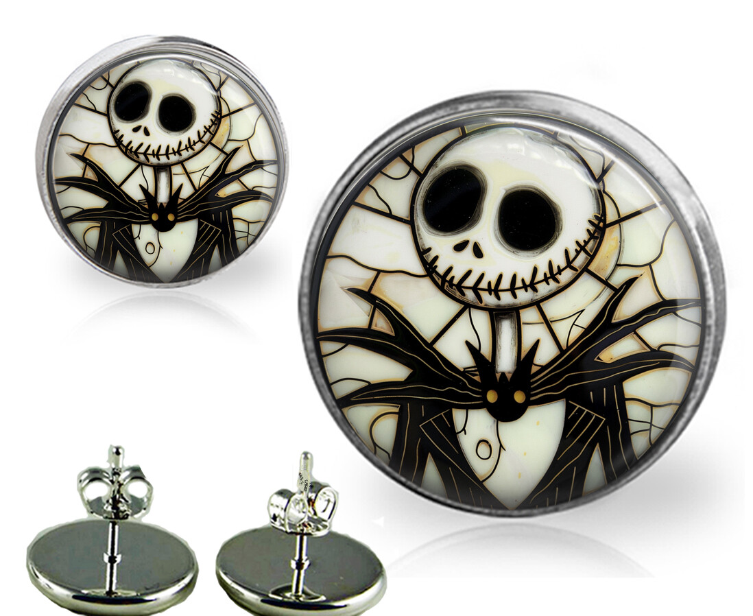 Bat & Skeleton Earrings Studs Graphic Black & White Faux Stained Glass Art