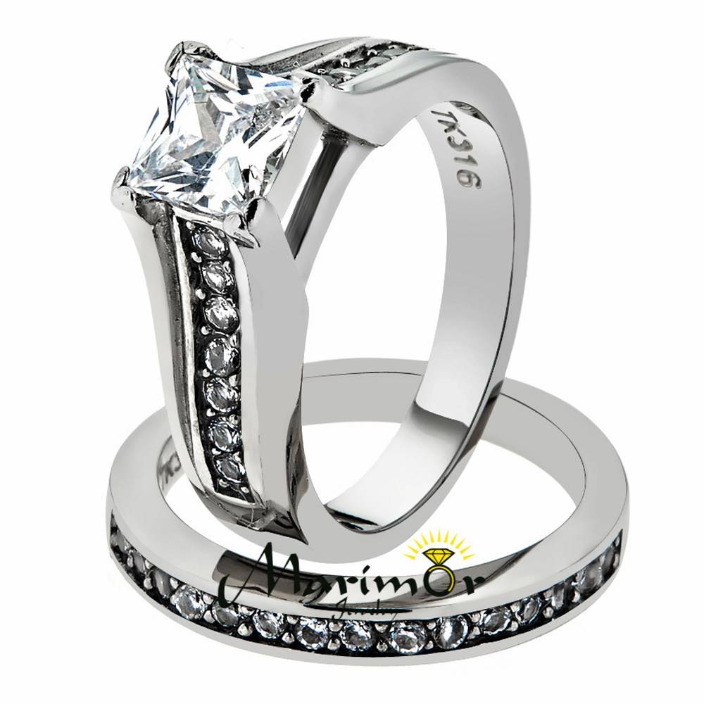 Princess Cut Zirconia Stainless Steel 316 Wedding Ring Band Set Women’s Sz 5-11