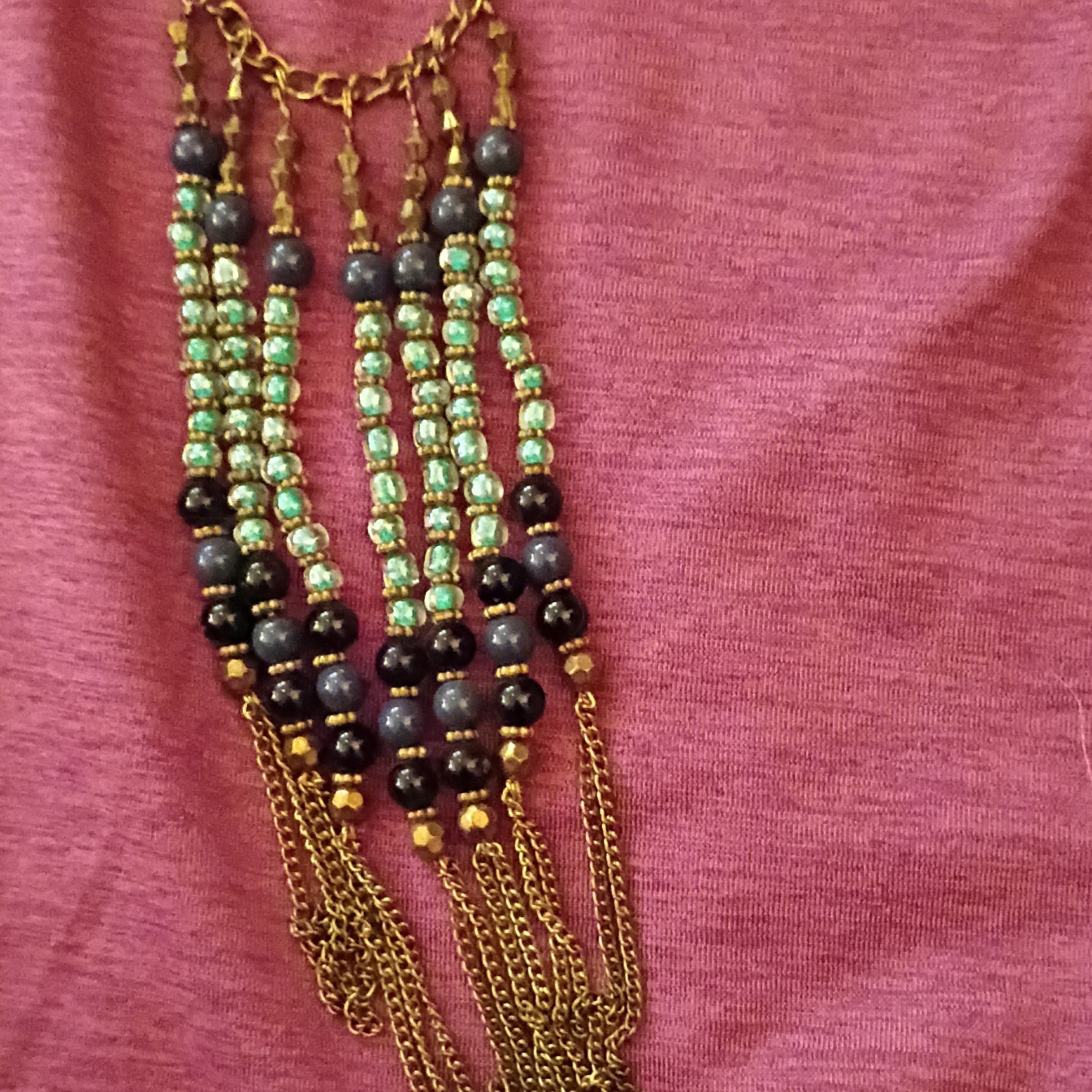 Gold Tone Cable Chain Fringe Pendant Necklace w/ Green Black Glass Beads