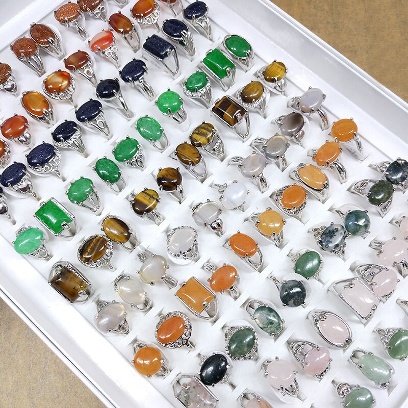 Wholesale 100Pcs Lot Mixed Ring Natural Stone Rings Women Gemstone Jewelry Bulk