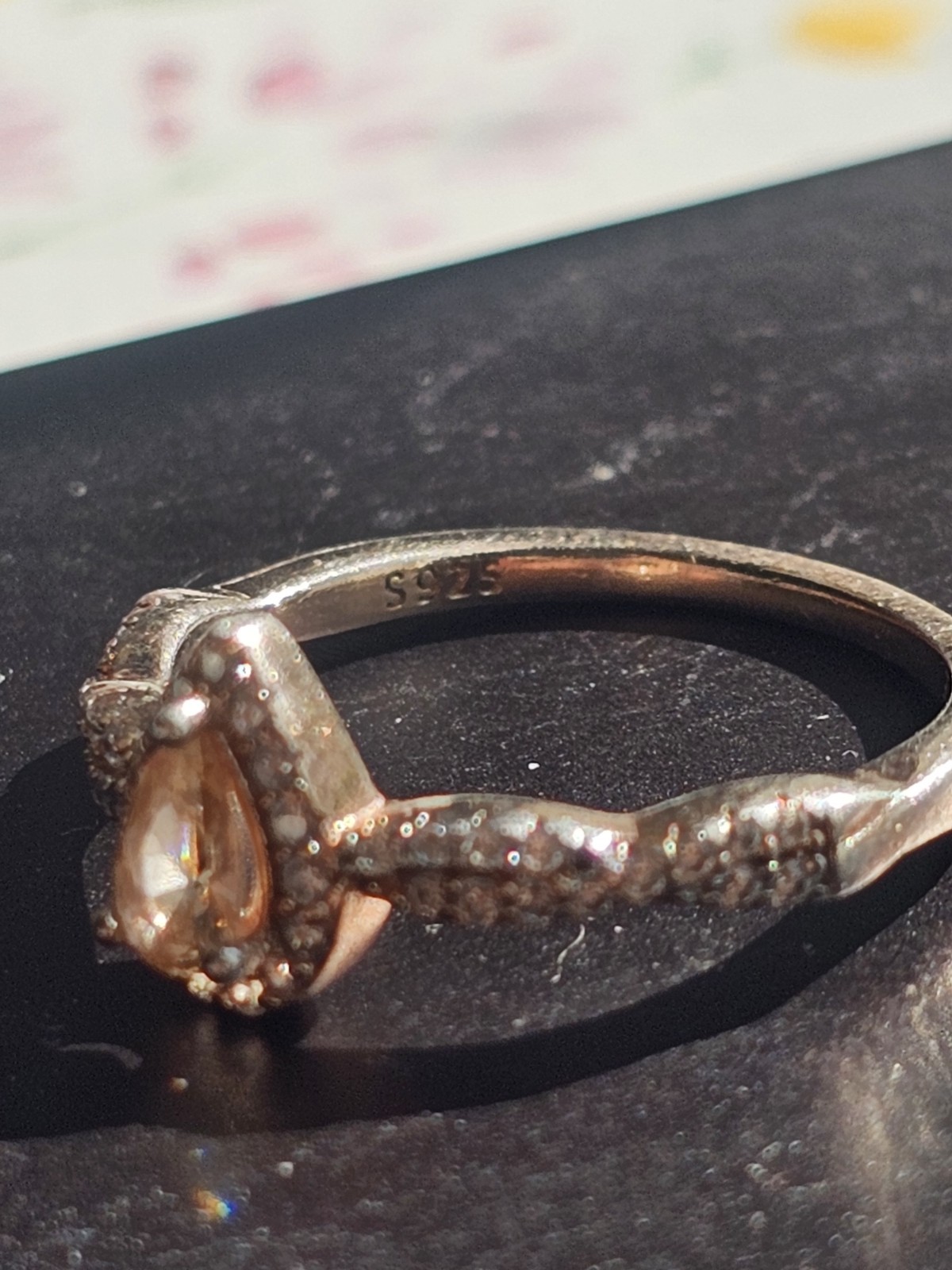 Silver Gnoce Halo Ring w/ Champagne Pear Cut CZ Size 8 S925 Sterling *Worn*