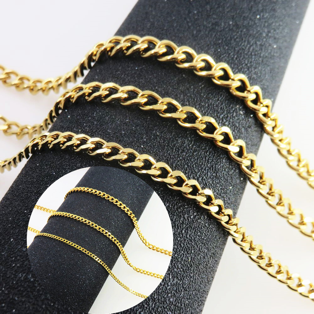 Woman Man 2-9mm REAL Stainless Steel Gold Plated Curb Cuban Link Chain Necklace