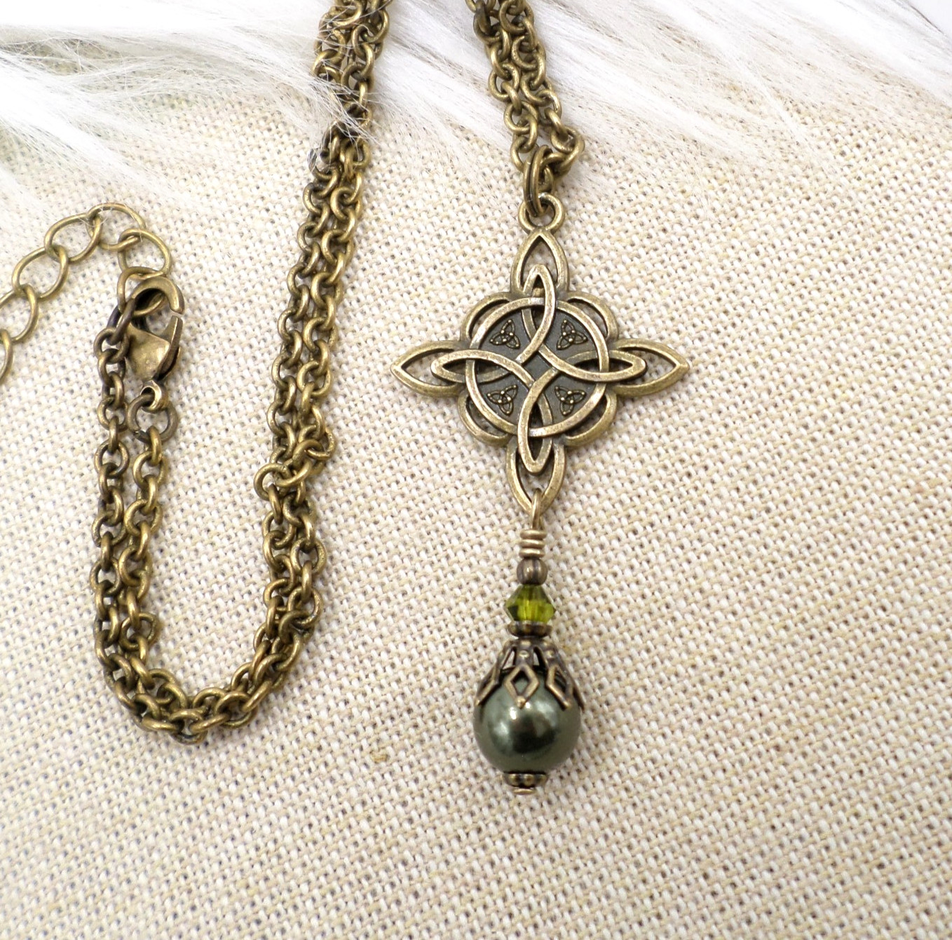 Celtic Knot Necklace, Green Bead Antique Brass Witch Knot Handmade Jewelry