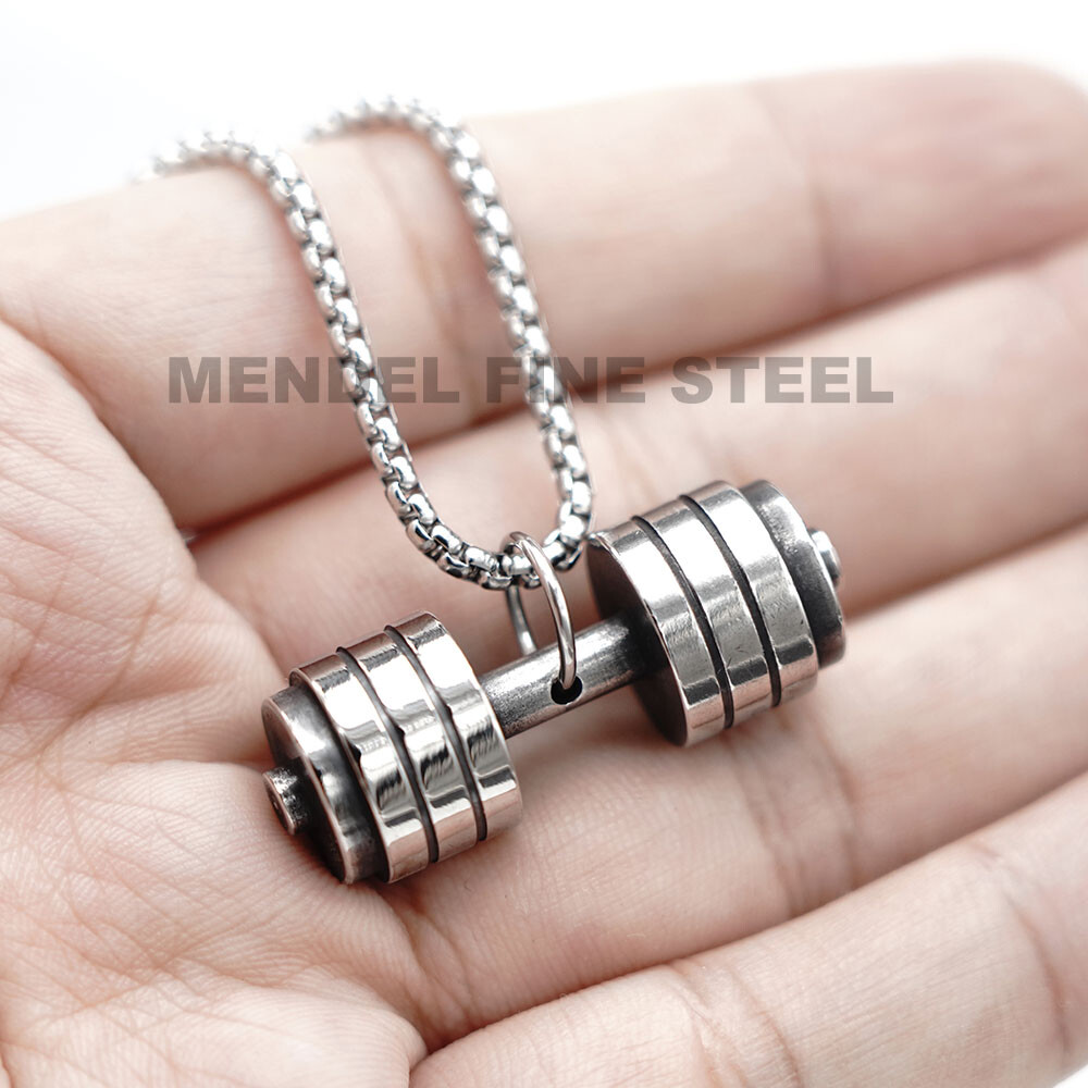 MENDEL Mens Stainless Steel Barbell Gym Weight Lifting Dumbbell Necklace Pendant