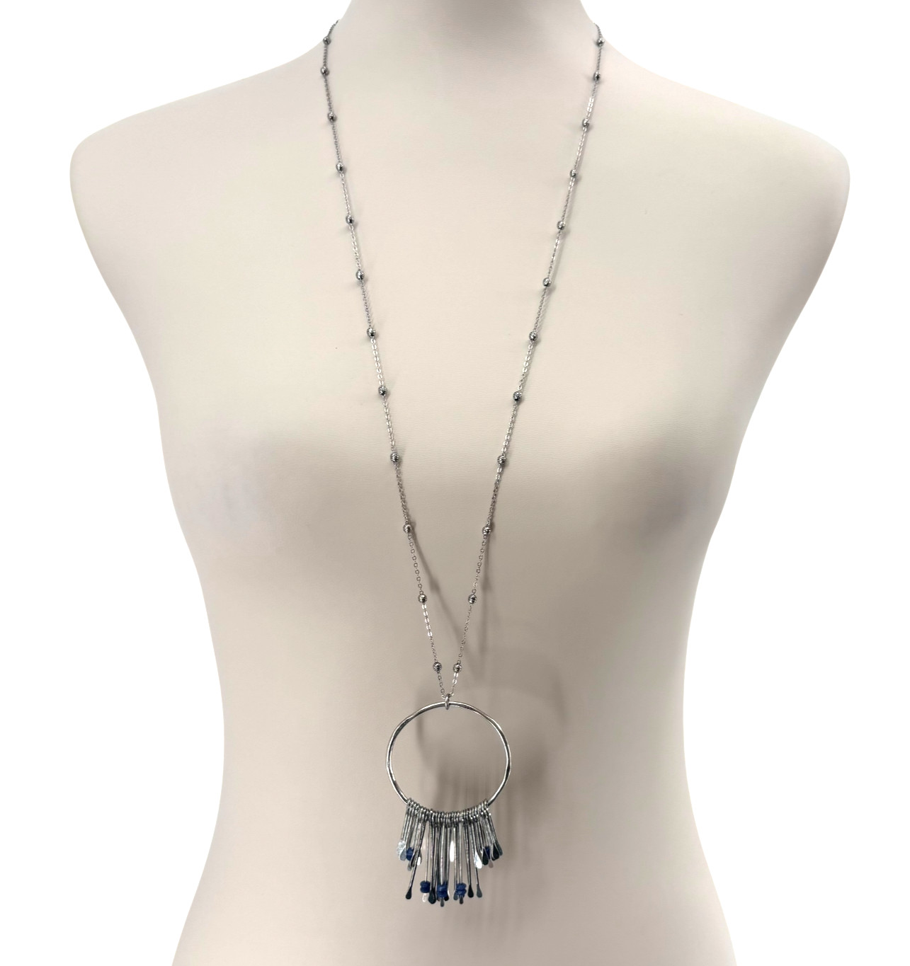 J. Jill Beaded Necklace Blue Silver Fringe Pendant Long Boho Artisan Statement