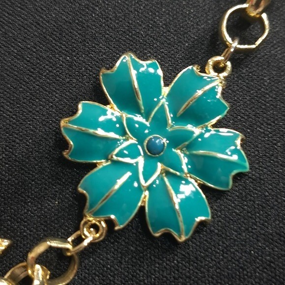 Women’s Necklace Gold Tone Turquoise Butterfly & Flower Designs 11.5 in + 3 in