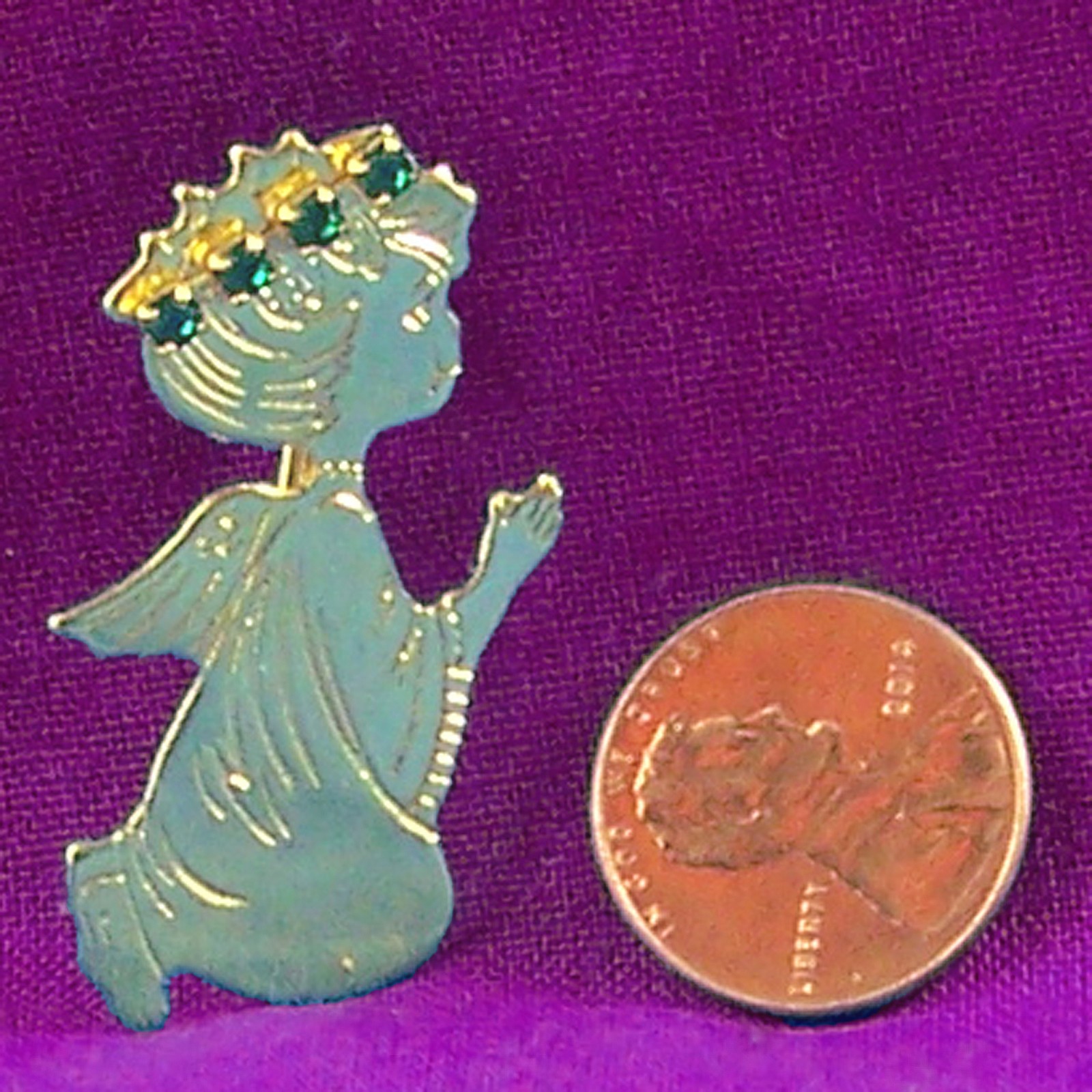 Vintage Small Pin Angel Praying Green Rhinestone Gold Tone Metal Brooch