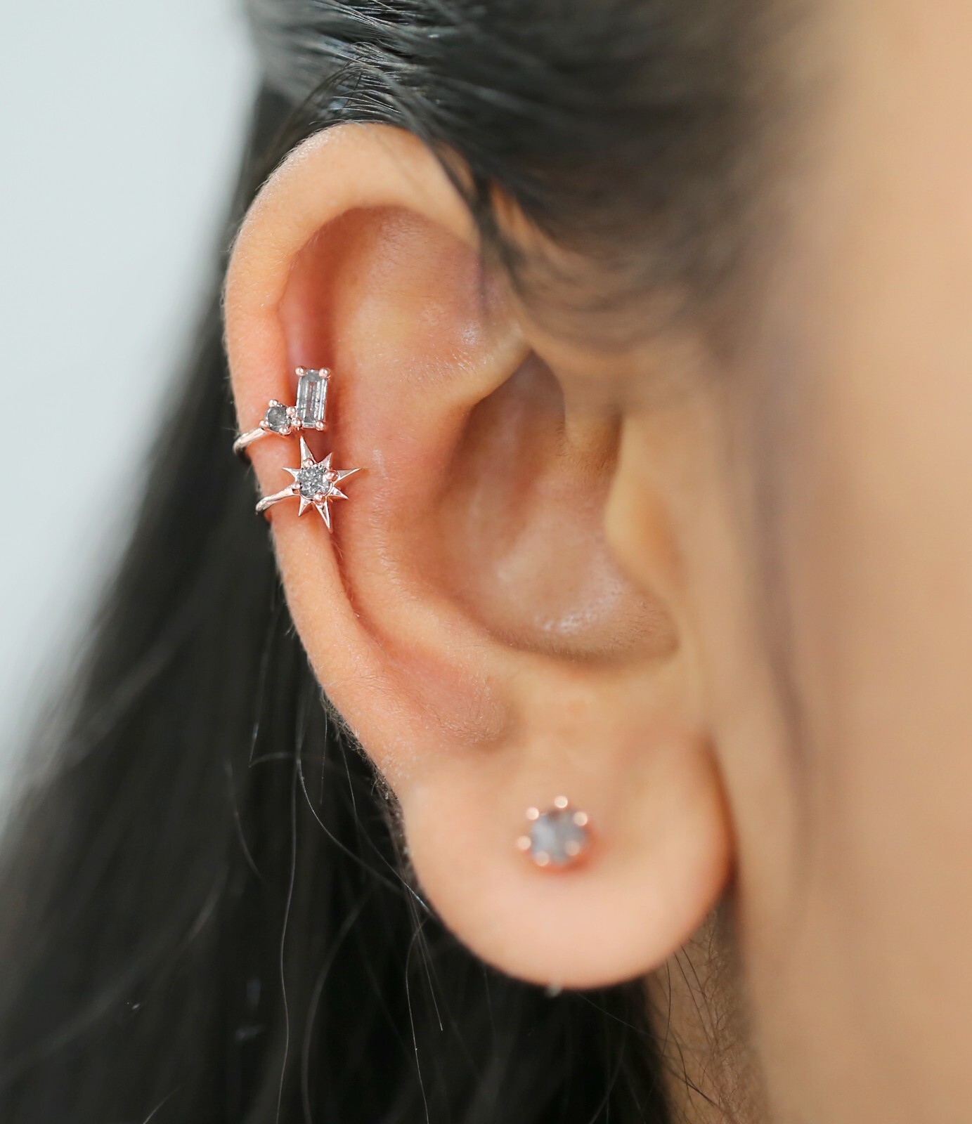 Natural Round / Baguette Diamond Ear Cuff 14K Rose White Yellow Gold KD1084