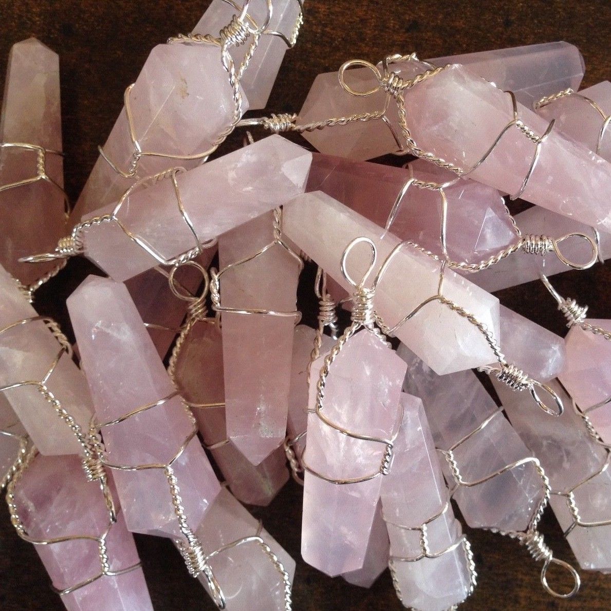 Rose Quartz Wire Wrap Pendant Handmade Chakra Crystal Necklace LOT of 3 Bulk