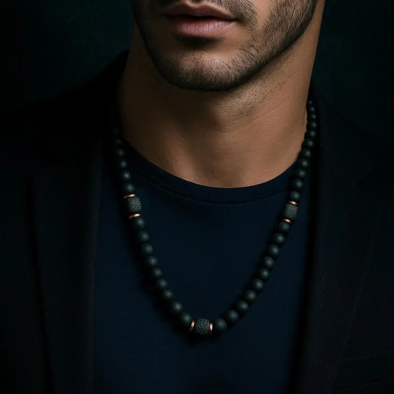 Genuine Matte Black Onyx Necklace Men Healing Protection Cube Lava Reiki Jewelry