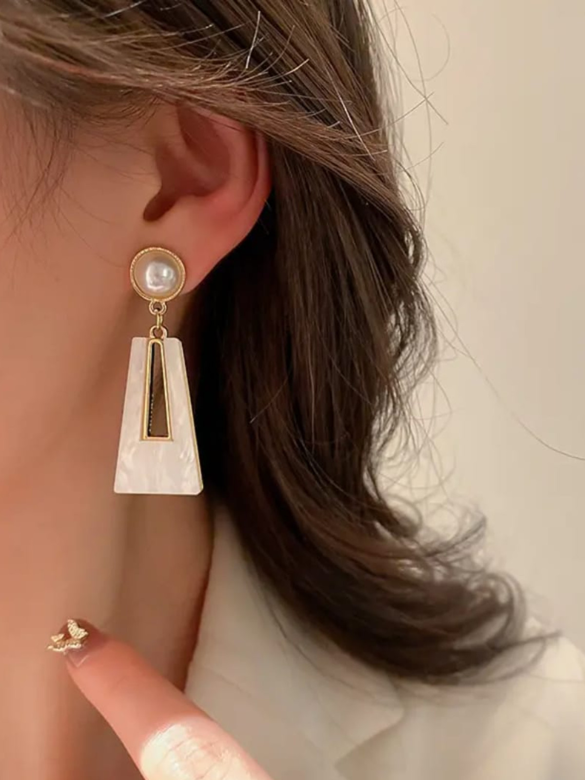 Meher Ornaments 18k Gold Plated Drop Earrings Faux Pearl Geometric Party Studs