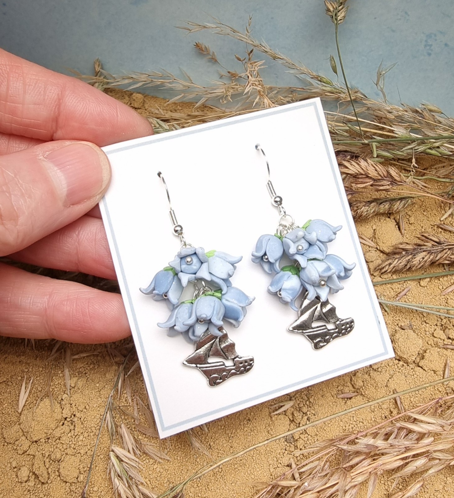 Beach seaside earrings with sea sand & ocean themed charms handmade polymer clay