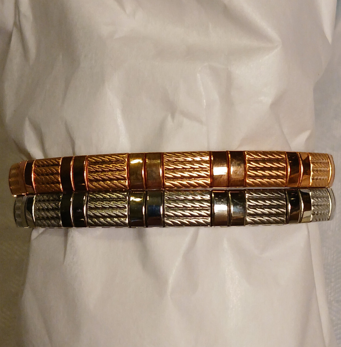 QVC Steel By Design Stretch Metallic Bracelets 1 Silver 1 Rosegold, about 7.5″