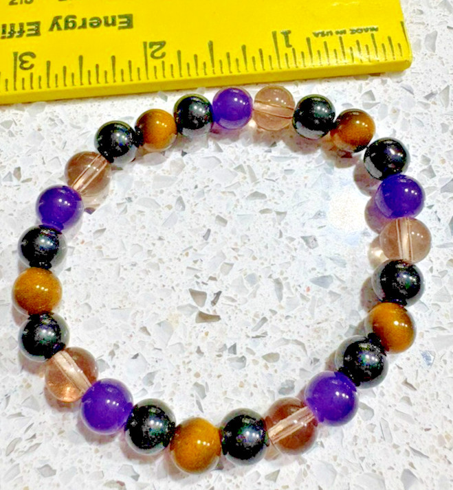 Crystal Ladies Beaded Stretch Bracelet – Amethyst, Tiger Eye & Onyx, Protection
