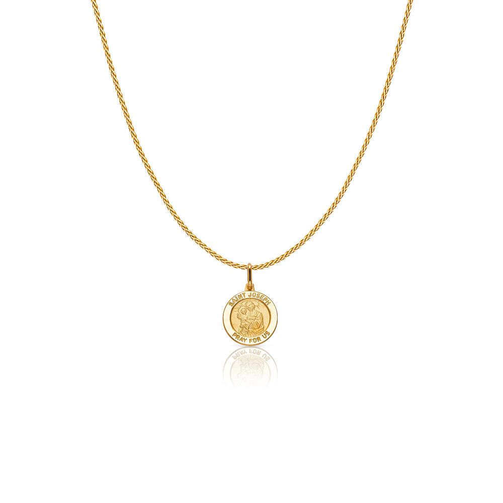 14K Yellow Gold St. Joseph Pray For Us Charm Pendant &0.9mm Wheat Chain Necklace