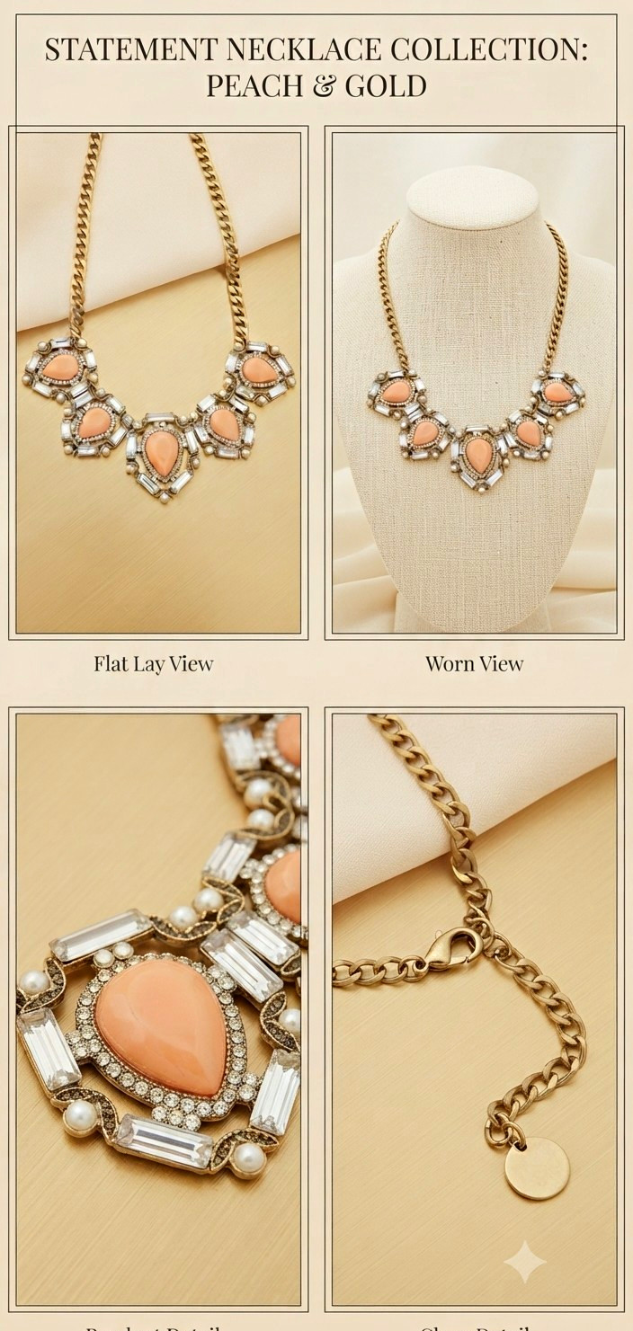 Peach & Gold Teardrop Pendant Clear Crystal Pavé Faux Pearl, One Missing Stone