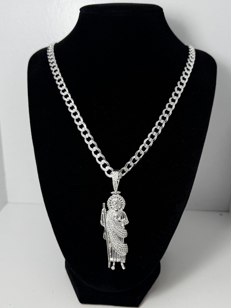 925 Sterling Silver San Judas Tadeo Pendant Necklace 27 Inch Curb Chain