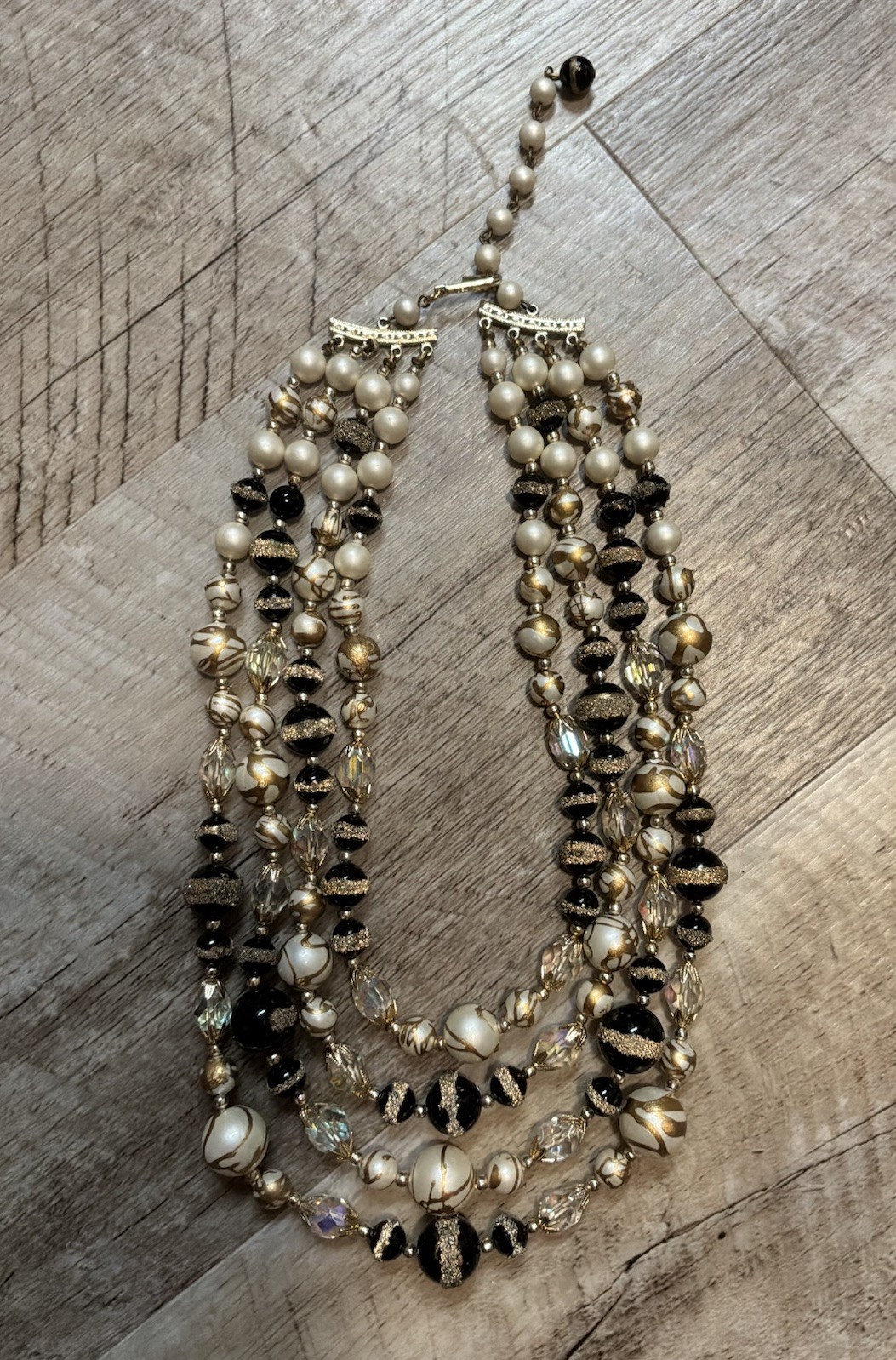 Vintage Japan Black White & Gold Beaded Faux Pearl Necklace Three Strand Lovely