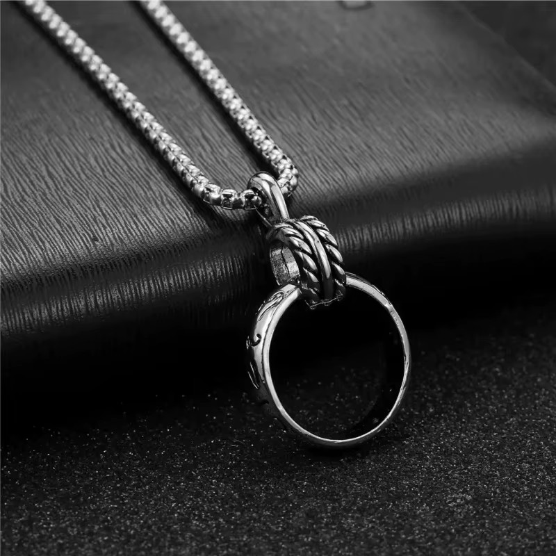 Double Ring Pendant Necklace Stainless Steel Carved Circle Street Retro Jewelry