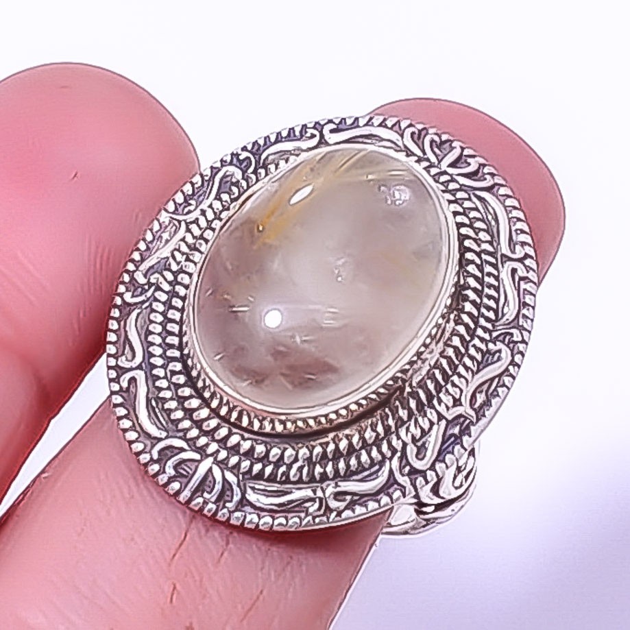 Golden Rutilated Quartz – Bahia 925 Silver Plated Bali Ring s.9 W3174