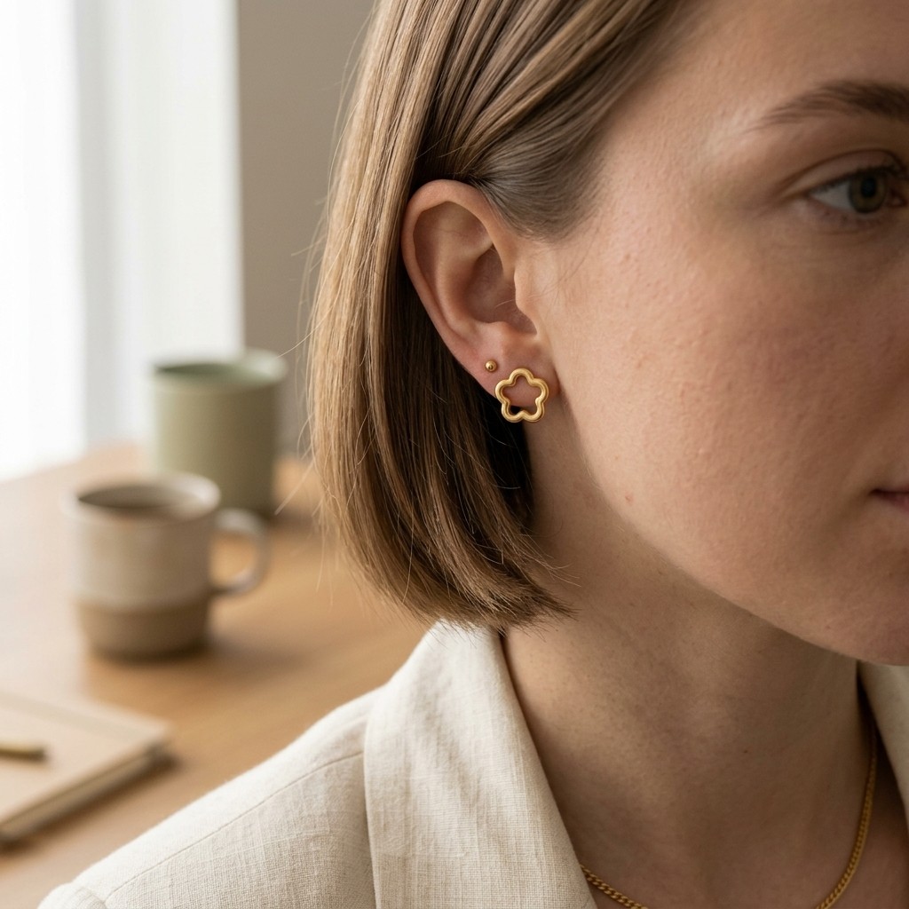 Gold Tone Stainless Steel Open Flower Stud Earrings Minimalist Clover Earrings