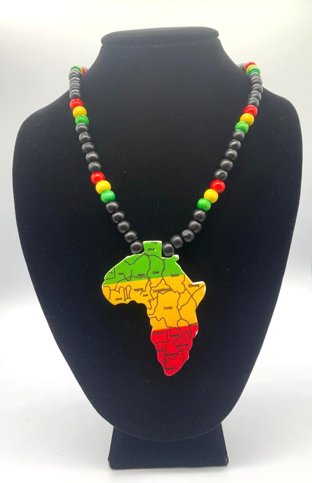 Rasta wooden necklace with Africa’s map medal and black beads collectable unisex